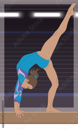 gymnast female in artistic pose on the balance beam against a dark background with spotlights