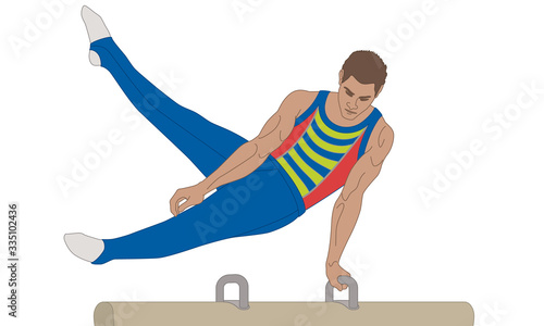 gymnast male swinging legs over pommel horse isolated on a white background