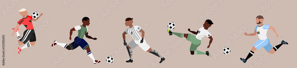 Set of multiracial football players. Collection of hand-drawn isolated vector characters. Sports and running. Football game players. Goalkeeper and team members. Trendy male character design set.
