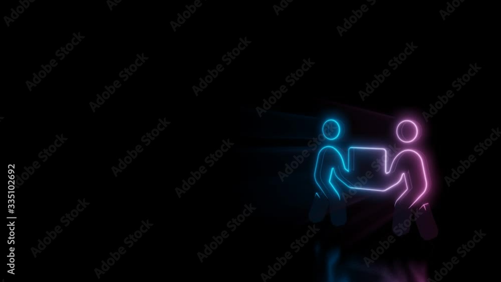 Abstract 3d rendering glowing blue purple neon symbol of two people carry box with glowing outlines with rays on black background with reflection Abstract 3d rendering glowing blue purple neon symbol of two people carry box with glowing outlines with rays on black background with reflection