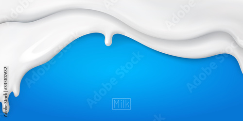 3d realistic yogurt flowing wave border on blue background. white milk splash or ice cream flow soft texture.element for advertising, package design.vector