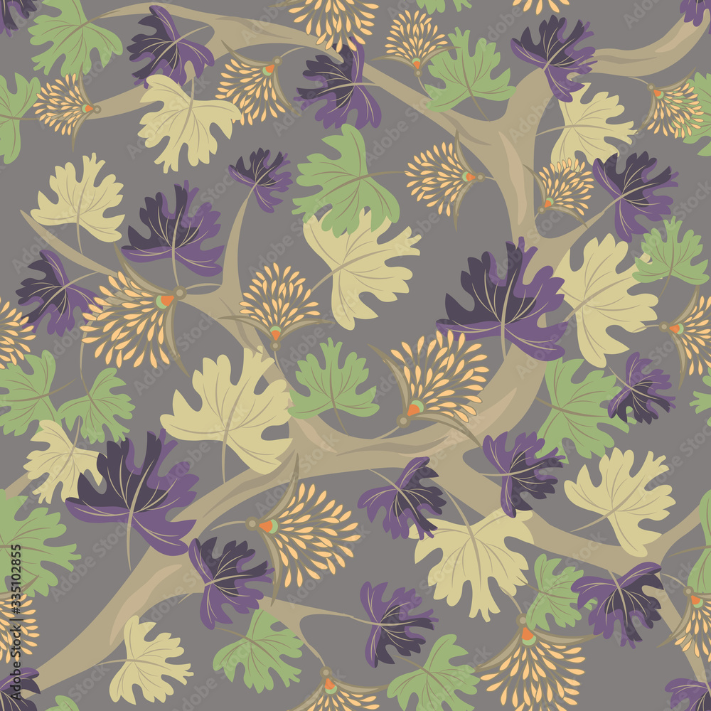 Elegant vector seamless pattern with fantasy plants, leaves, branches, flowers. Vintage floral texture. Abstract botanical ornament, natural wallpapers. Background in pastel colors, green, purple