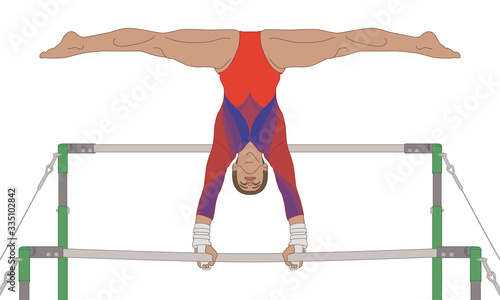 gymnast female inverted on uneven bars isolated on a white background