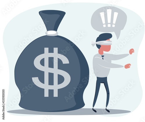 Cartoon blind businessmen can not find money lying on the ground. Vector flat design illustration.