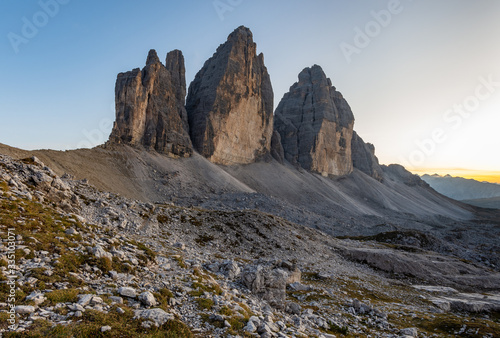 Majestic view of the three peaks of Lavaredo  This is one of the best-known mountain groups in the italian Alps. UNESCO world heritage site in Dolomites
