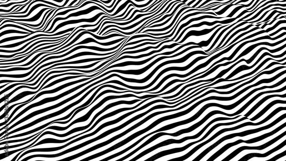Black and white stripes waving surface. Modern minimalistic isometric background loop animation. 3D rendering. Black and white stripes waving surface. Modern minimalistic isometric background loop animation. 3D rendering.