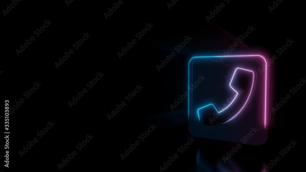 Abstract 3d rendering glowing blue purple neon symbol of phone in rounded square with glowing outlines with rays on black background with reflection