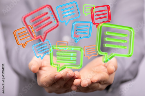 Digital icons with colorful dialog speech bubbles.