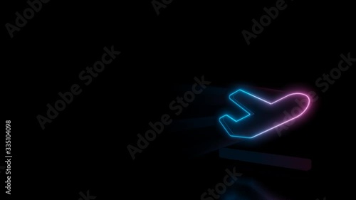 Abstract 3d rendering glowing blue purple neon symbol of plane departure on runway surface with glowing outlines with rays on black background with reflection