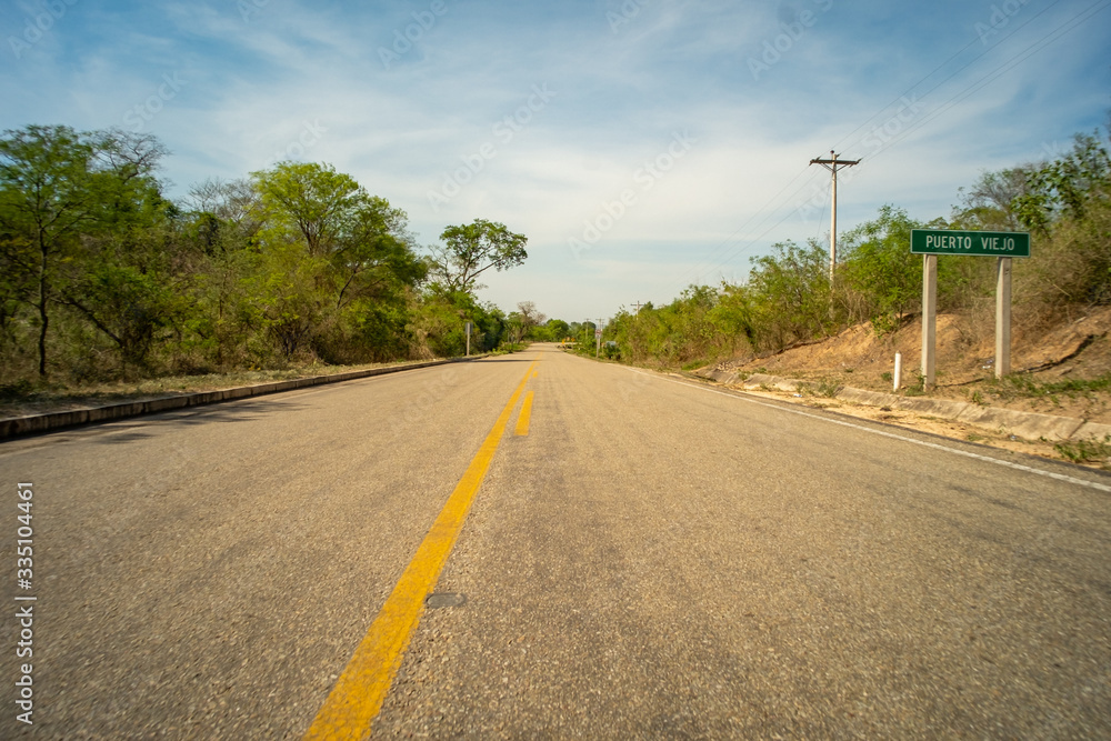 Fototapeta premium Asphalted and Dirty Road to Puerto Viejo in the Charagua Zone of Santa Cruz Province, Bolivia