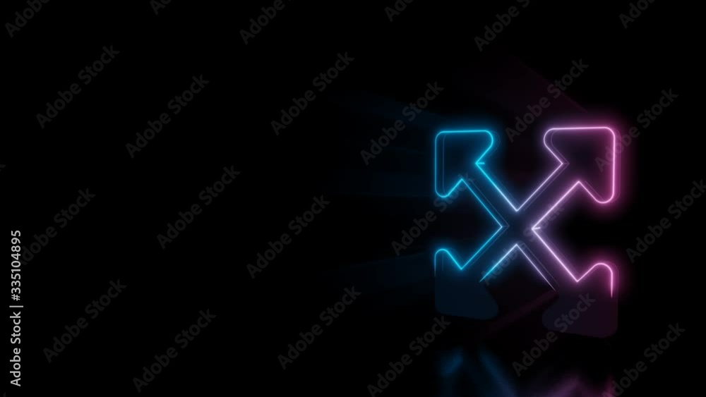 Abstract 3d rendering glowing blue purple neon symbol of expand arrows with rounded corners with glowing outlines with rays on black background with reflection Abstract 3d rendering glowing blue purple neon symbol of expand arrows with rounded corners with glowing outlines with rays on black background with reflection