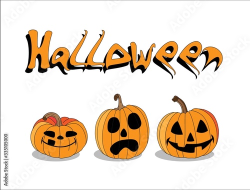 Halloween pumpkins flat isolated set different emotion variation vector illustratio. three orange pumpkings isolated on white background vector illustration.