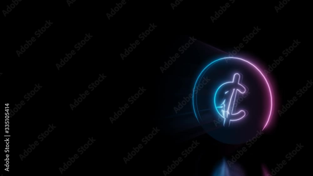 Abstract 3d rendering glowing blue purple neon symbol of cent with glowing outlines with rays on black background with reflection Abstract 3d rendering glowing blue purple neon symbol of cent with glowing outlines with rays on black background with reflection