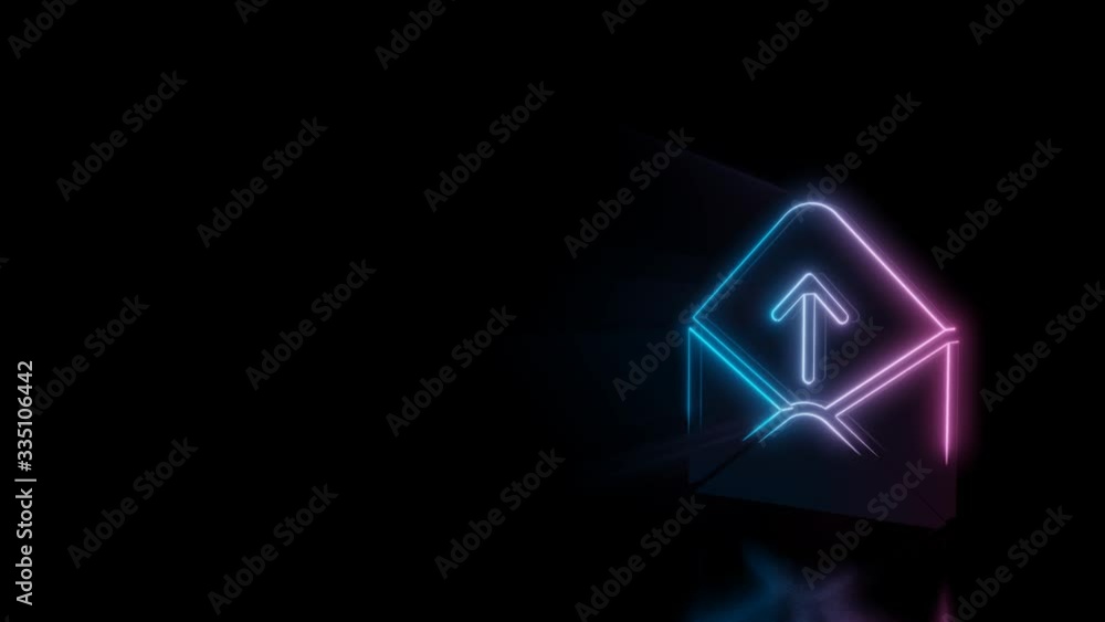 Abstract 3d rendering glowing blue purple neon symbol of paper open envelope with up arrow with glowing outlines with rays on black background with reflection Abstract 3d rendering glowing blue purple neon symbol of paper open envelope with up arrow with glowing outlines with rays on black background with reflection