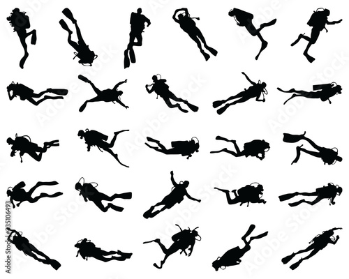 Papier peint Black  silhouette of scuba diving and free divers on a white background