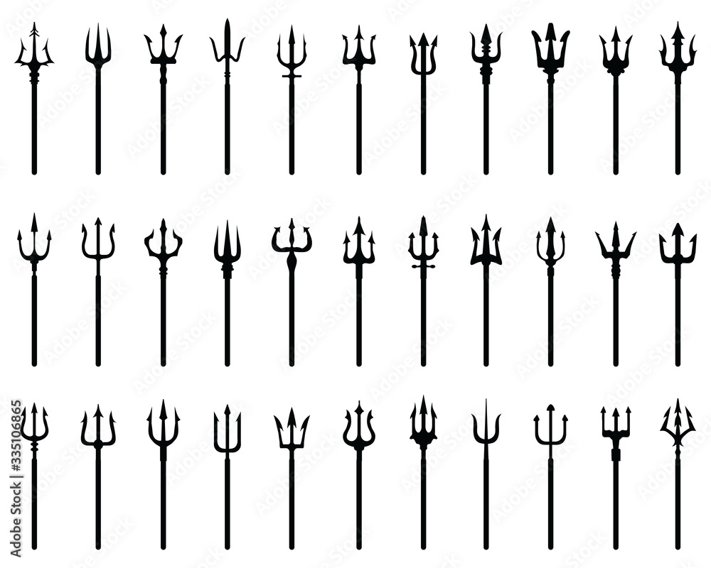 Set of black silhouettes of trident on a white background	
 - obrazy, fototapety, plakaty 