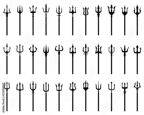 Set of black silhouettes of trident on a white background	
 photo