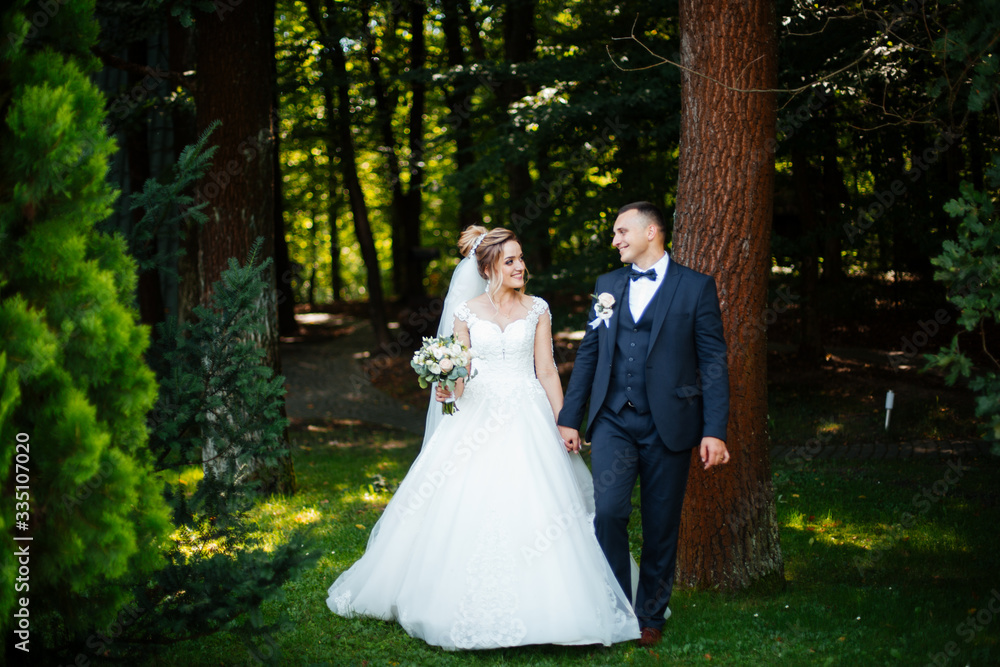 Wedding wedding day beautiful bride and elegant groom walking after wedding luxury