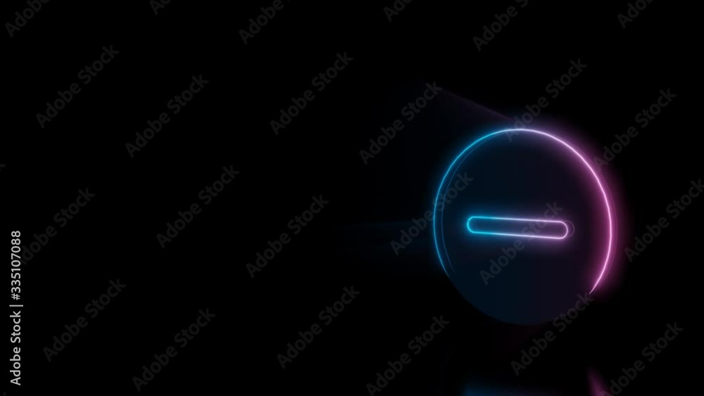 Abstract 3d rendering glowing blue purple neon symbol of minus symbol in circle with glowing outlines with rays on black background with reflection Abstract 3d rendering glowing blue purple neon symbol of minus symbol in circle with glowing outlines with rays on black background with reflection