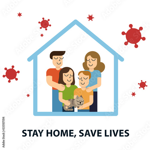 Stay at home awareness social media campaign and coronavirus prevention family smiling and staying together. Vector illustration