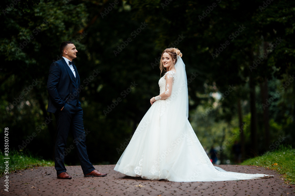 The bride and groom walk together in the park. Charming bride in a white dress, the groom is dressed in a dark elegant suit.