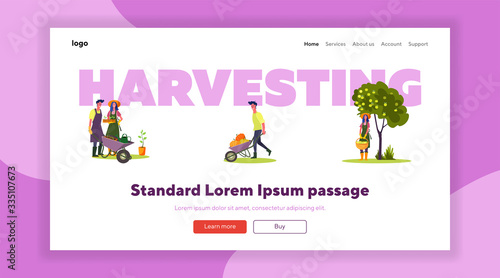 Happy gardeners set. Man and woman planting, gathering harvest, picking apples, fall landscape . Flat vector illustrations. Autumn, gardening concept for banner, website design or landing web page