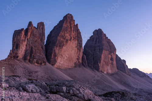 Majestic view of the three peaks of Lavaredo, This is one of the best-known mountain groups in the italian Alps. UNESCO world heritage site in Dolomites