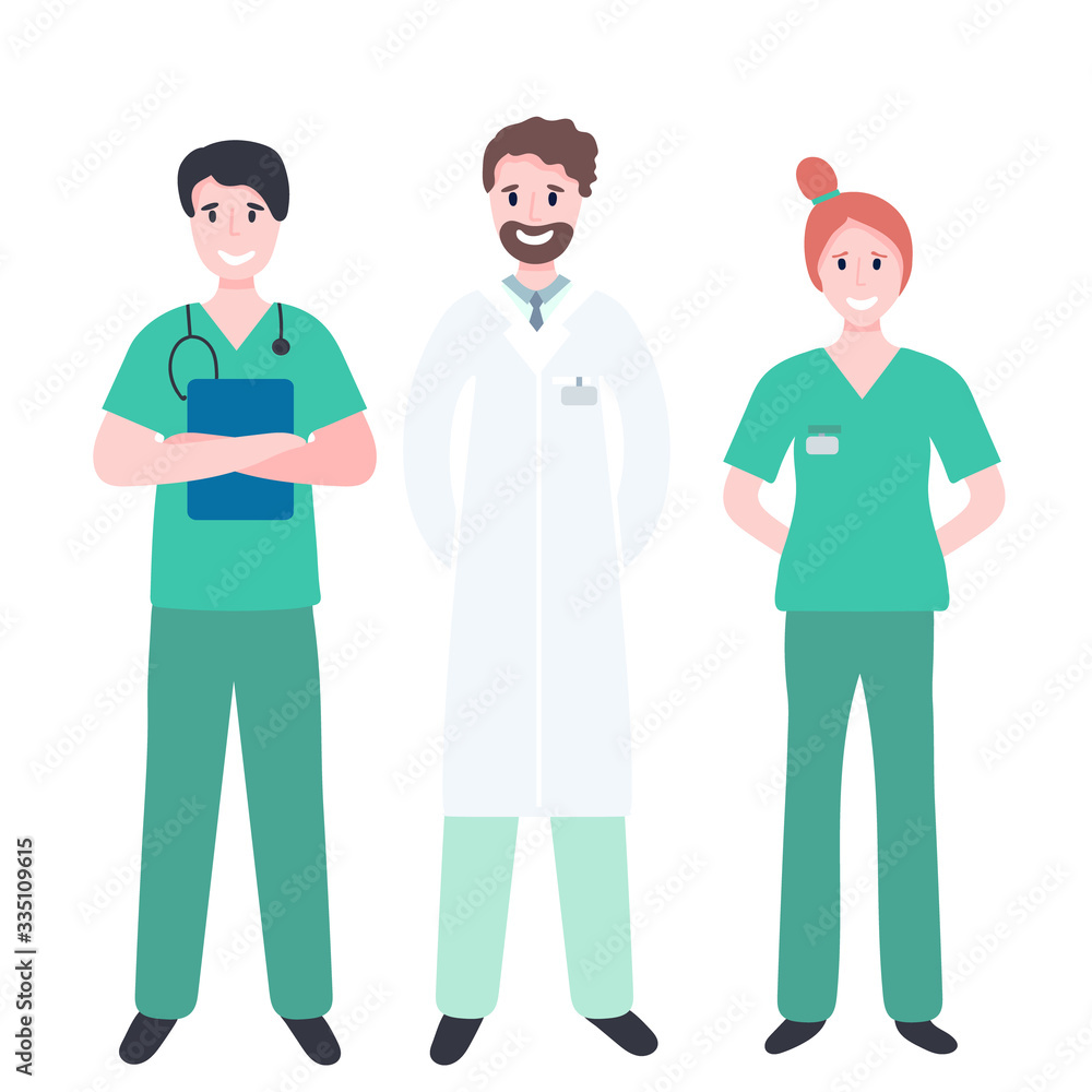Set of medical workers - doctor, nurse, surgeon, therapist, physician. Flat vector illustration with hospital staff isolated on white. Medical concept to stop coronavirus.