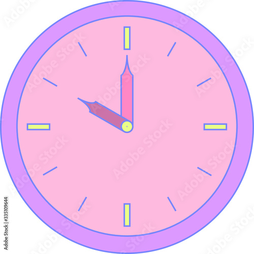 The round clock of alarm with purple corpus and rose face or dial. Ten or twenty two hours o'clock