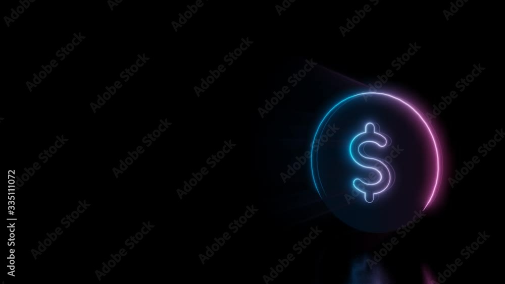 Abstract 3d rendering glowing blue purple neon symbol of dollar coin with glowing outlines with rays on black background with reflection Abstract 3d rendering glowing blue purple neon symbol of dollar coin with glowing outlines with rays on black background with reflection