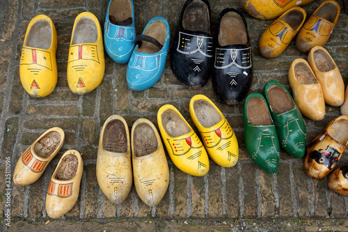 Traditional painted wooden shoes outside a shop in Delft, Netherlands.
