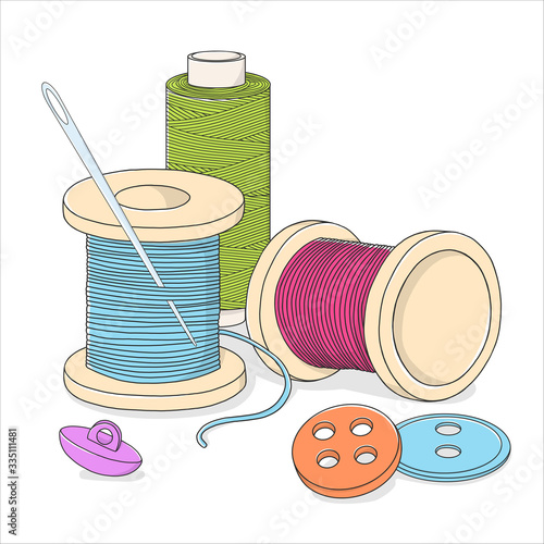 Spools of thread, buttons, and a sewing needle on a white background.