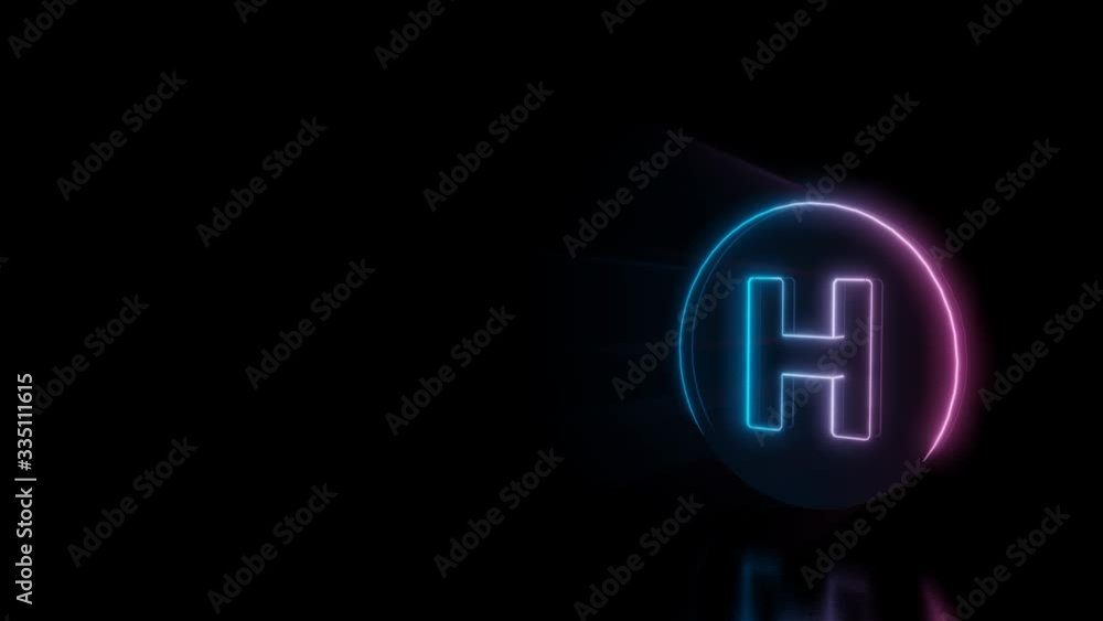 Abstract 3d rendering glowing blue purple neon symbol of hospital heliport with glowing outlines with rays on black background with reflection Abstract 3d rendering glowing blue purple neon symbol of hospital heliport with glowing outlines with rays on black background with reflection