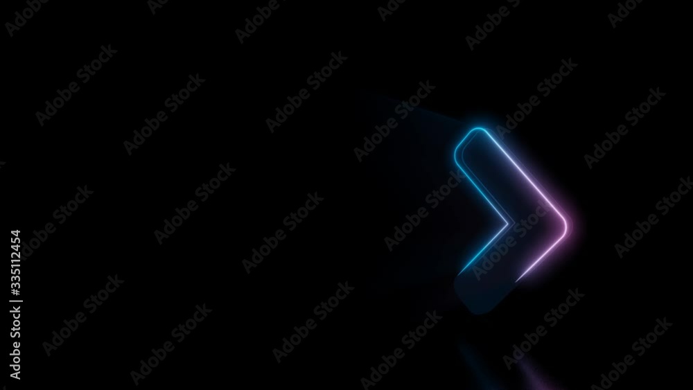Abstract 3d rendering glowing blue purple neon symbol of angle arrow right with glowing outlines with rays on black background with reflection Abstract 3d rendering glowing blue purple neon symbol of angle arrow right with glowing outlines with rays on black background with reflection