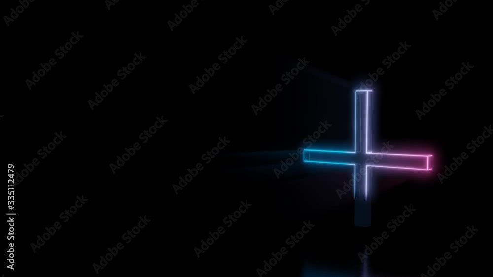 Abstract 3d rendering glowing blue purple neon thin plus symbol with glowing outlines with rays on black background with reflection Abstract 3d rendering glowing blue purple neon thin plus symbol with glowing outlines with rays on black background with reflection