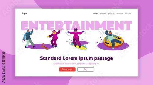 Christmas activities set. Couples, kids, families having fun, dancing, playing snowballs. Flat vector illustrations. New Year, vacation, party concept for banner, website design or landing web page