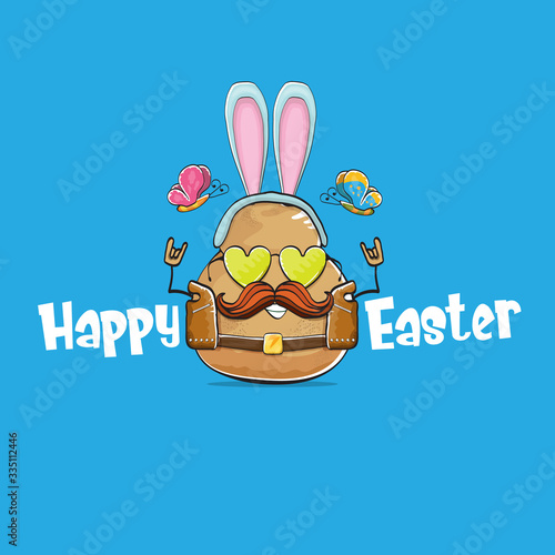 vector rock star easter potato funny cartoon character with blue bunny ears isolated on blue background. rock n roll easter party poster or happy easter greeeting card photo