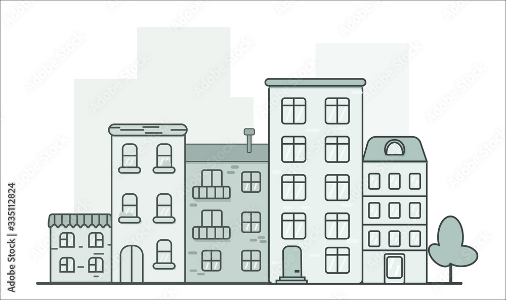 a city street of five houses and a tree. Grey background. Vector