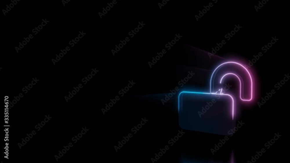 Abstract 3d rendering glowing blue purple neon symbol of lock open with glowing outlines with rays on black background with reflection Abstract 3d rendering glowing blue purple neon symbol of lock open with glowing outlines with rays on black background with reflection