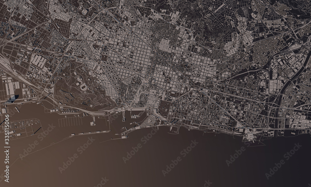 Barcelona, Spain city map 3D Rendering. Aerial satellite view.