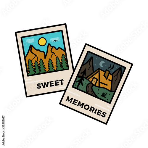 Camping badge illustration design. Outdoor logo with quote - Sweet memories, for t shirt. Included retro mountains and woodhouse. Unusual hipster tattoo style patch. Stock vector isolated