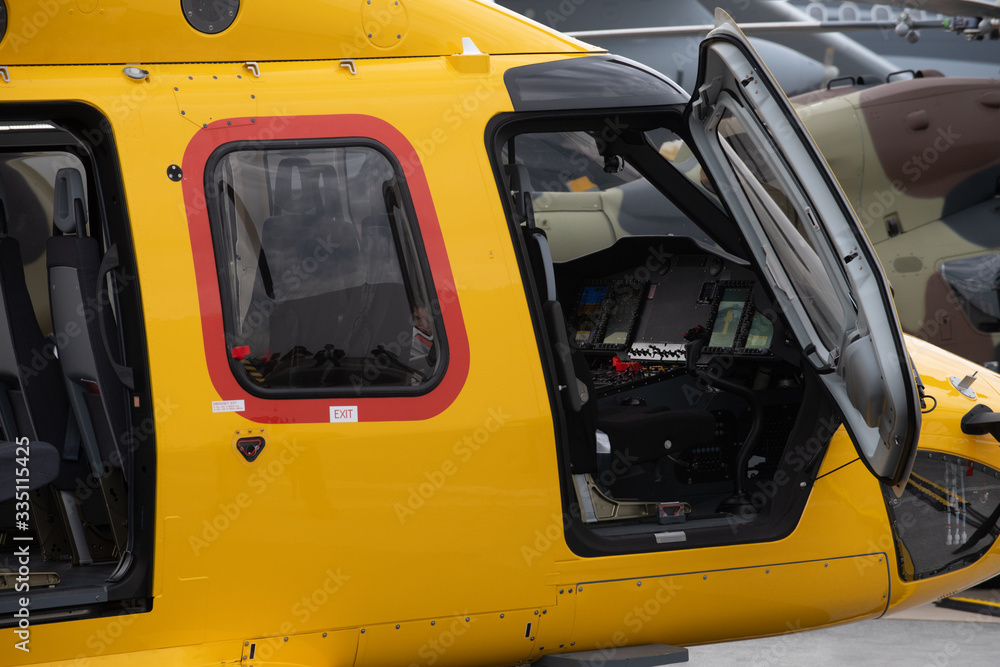 Offshore transport helicopter flight seat for passengers. Transport helicopter parking. Waiting for passengers boarding. Offshore transport helicopter flight seat for passengers. Transport helicopter parking. Waiting for passengers boarding.
