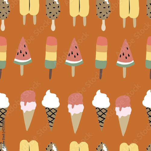 Seamless orange colorful Ice cream cone pattern. Fun summer pattern.