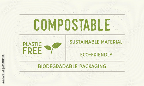 Compostable packaging vintage label. Old label with plant icon. Trendy minimal design. Label, tag, logo, card. Vintage sticker template for packaging. Vector illustration