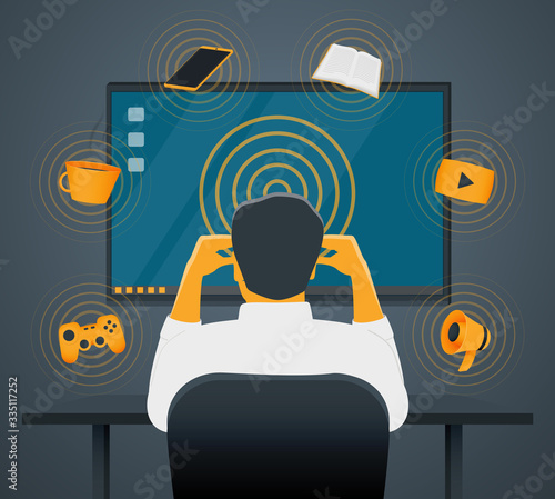 Media interference prevents a person from concentrating on work to achieve a goal. Vector illustration.