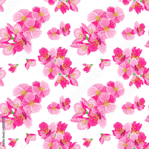 Vector illustration in flat style. Seamless pattern, image of sakura flowers.