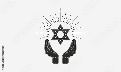 Vintage Jewish logo. Hands with Star of David and sunburst. Jewish icon. Vector illustration