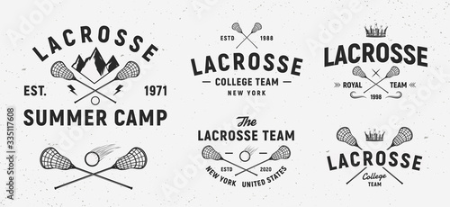 Vector Lacrosse logo set. 5 Vintage lacrosse emblems. Lacrosse stick and ball isolated on white background. Lacrosse club emblems, logo. Sport team, Summer camp, College.
