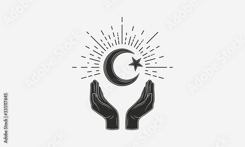 Vintage Islam logo. Hands with muslim moon and sunburst. Muslim prayer concept. Vector illustration