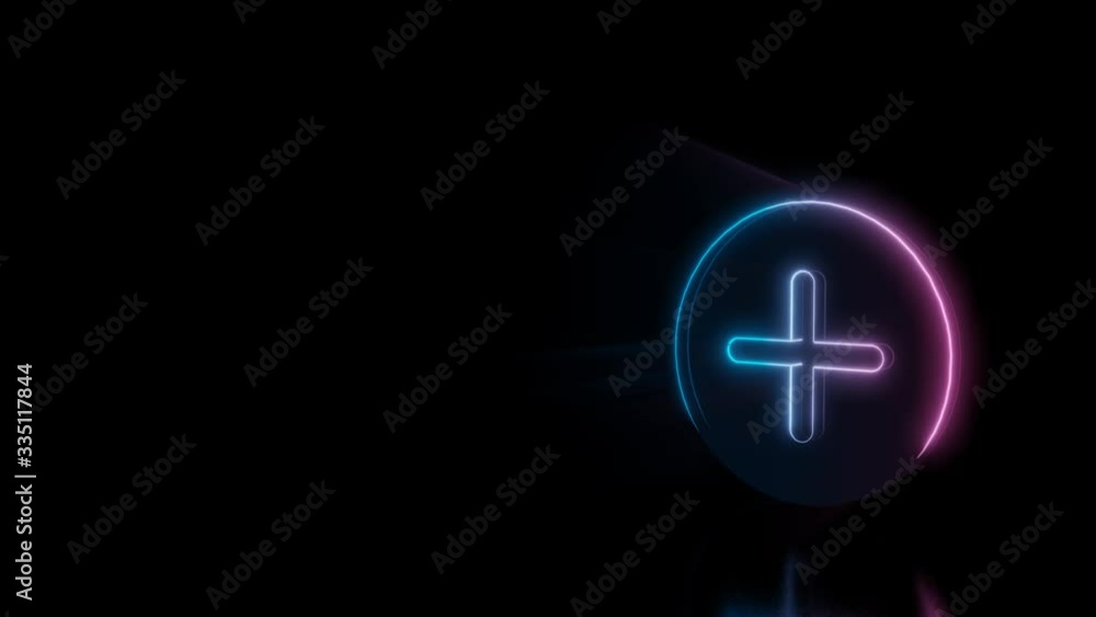 Abstract 3d rendering glowing blue purple neon symbol of plus in circle with glowing outlines with rays on black background with reflection Abstract 3d rendering glowing blue purple neon symbol of plus in circle with glowing outlines with rays on black background with reflection